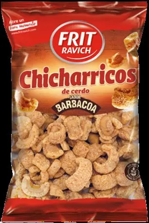 Nombre del producto: Chicharricos de cerdo (sabor barbacoa) 50 g
Nombre de marca: Frit Ravich
Aspecto del producto y tipo de envase: bolsas de 50 g y 800 g
Números de lote:
3001 y 2301 para el envase de 50 g
3101 para el envase de 800 g