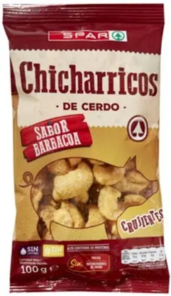 Nombre del producto: Chicharricos de cerdo (sabor barbacoa) 100g
Nombre de marca: SPAR
Aspecto del producto y tipo de envase:  bolsas de 100 g
Número de lote: 3101