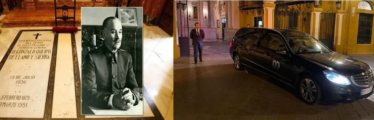 La tumba de Queipo de Llano y la salida del furgón con sus restos