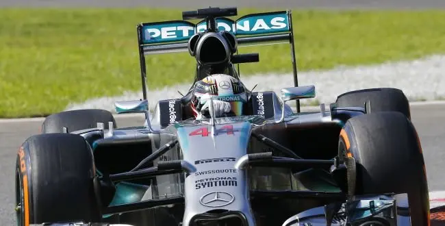 Britain's driver Lewis Hamilton steers his Mercedes during the third free practice session at the Monza racetrack, in Monza, Italy, Saturday, Sept. 6, 2014. The Formula One race will be held on Sunday. (AP Photo/Antonio Calanni)