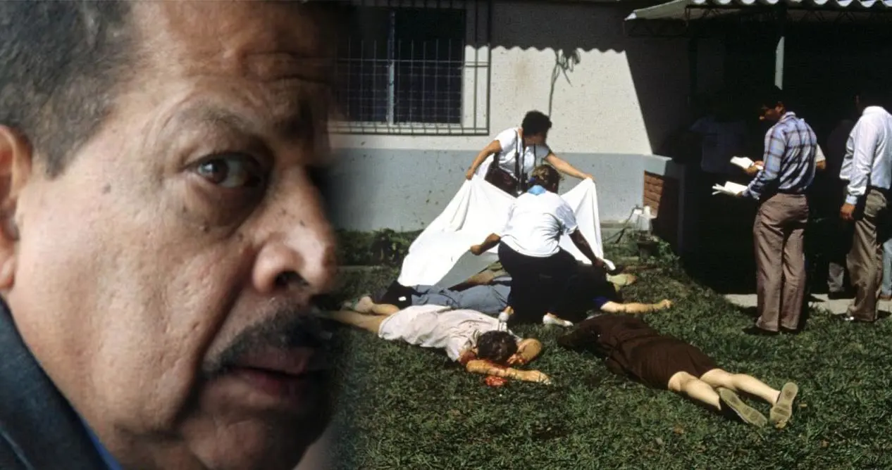 Los cuerpos de uno de los seis sacerdotes asesinados y de dos mujeres yacen en el exterior de la residencia de los jesuitas, en el barrio Jardines de Guadalupe de San Salvador. Un grupo de entre 30 y 40 hombres con uniforme militar entraron en la vivienda, poco después de las tres de la madrugada, y disparon sobre los religiosos, entre los que se encontraba el jesuíta español Ignacio Ellacuría, rector de la Universidad Centroamericana, otros seis religiosos de la Compañía de Jesús y dos mujeres que atendían la residencia en la que vivían. Horizontal