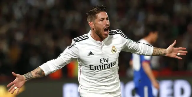 Real Madrid¿s Sergio Ramos celebrates his opening goal during the semi final soccer match between Real Madrid and Cruz Azul at the Club World Cup soccer tournament in Marrakech, Morocco, Tuesday, Dec. 16, 2014. (AP Photo/Abdeljalil Bounhar)