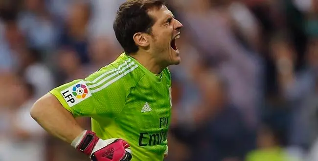 Real Madrid's Iker Casillas celebrates Bezema's goal during a Spanish La Liga soccer match between Real Madrid and FC Barcelona at the Santiago Bernabeu stadium in Madrid, Spain, Saturday, Oct. 25, 2014. (AP Photo/Andres Kudacki)