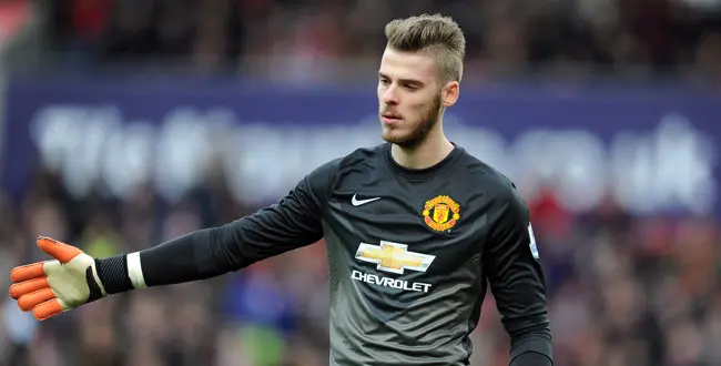 Manchester United's David De Gea during their English Premier League soccer match against Stoke City at the Britannia Stadium in Stoke on Trent, England, Thursday Jan. 1, 2015.