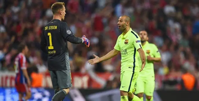 MUNICH, GERMANY - MAY 12: Marc-Andre ter Stegen and Javier Mascherano of Barcelona celebrate as Neymar scores their second goal during the UEFA Champions League semi final second leg match between FC Bayern Muenchen and FC Barcelona at Allianz Arena on May 12, 2015 in Munich, Germany. (Photo by Lars Baron/Bongarts/Getty Images)