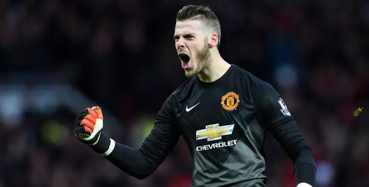 MANCHESTER, ENGLAND - DECEMBER 14: David De Gea of Manchester United celebrates the first goal during the Barclays Premier League match between Manchester United and Liverpool at Old Trafford on December 14, 2014 in Manchester, England. (Photo by Shaun Botterill/Getty Images)