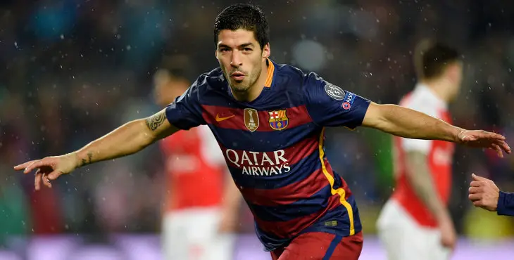Barcelona's Uruguayan forward Luis Suarez celebrates a goal during the UEFA Champions League Round of 16 second leg football match FC Barcelona vs Arsenal FC at the Camp Nou stadium in Barcelona on March 16, 2016. / AFP / LLUIS GENE (Photo credit should read LLUIS GENE/AFP/Getty Images)