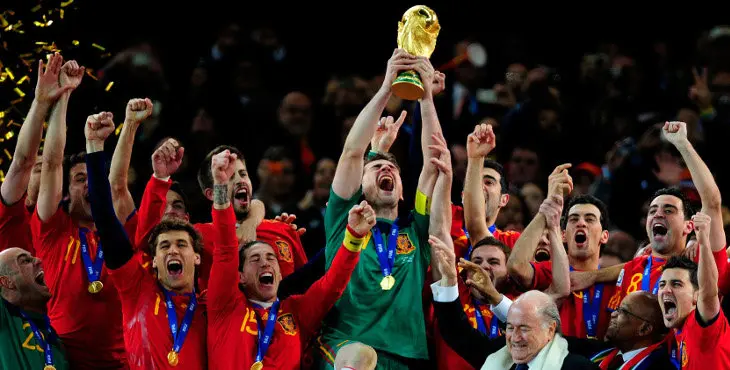 JOHANNESBURG, SOUTH AFRICA - JULY 11:  Iker Casillas of Spain celebrates lifting the World Cup with team mates during the 2010 FIFA World Cup South Africa Final match between Netherlands and Spain at Soccer City Stadium on July 11, 2010 in Johannesburg, South Africa.  (Photo by Jamie McDonald/Getty Images)
