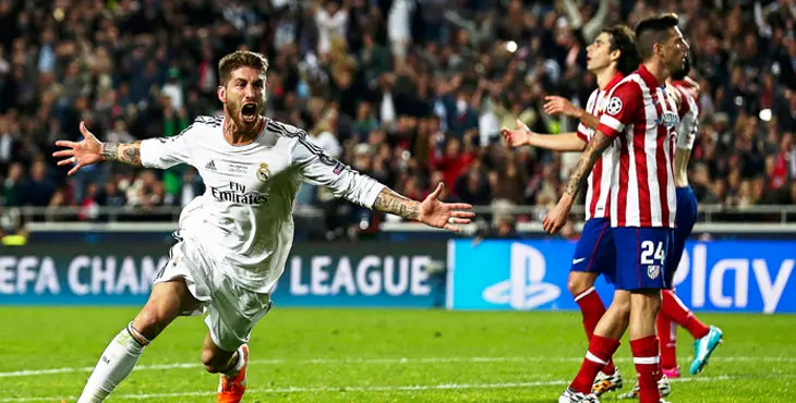 SPO05 LISBOA (PORTUGAL) 24/05/2016.-Foto de archivo tomada el 24 de mayo de 2014 del defensa del Real Madrid Sergio Ramos (izq) mientras celebra tras marcar el gol del empate 1-1 al Atltico de Madrid durante la final de la Liga de Campeones que ambos clubes disputaron en el estaio de la Luz en Lisboa (Portugal). El Real Madrid se enfrentar de nuevo al Atltico de Madrid en otra final de la Liga de Campeones que se disputar el prximo 28 de mayo de 2016 en el estadio Guiseppe Meazza, tambin conocido como estadio de San Siro, en Miln (Italia). EFE/Jose Sena Goulao