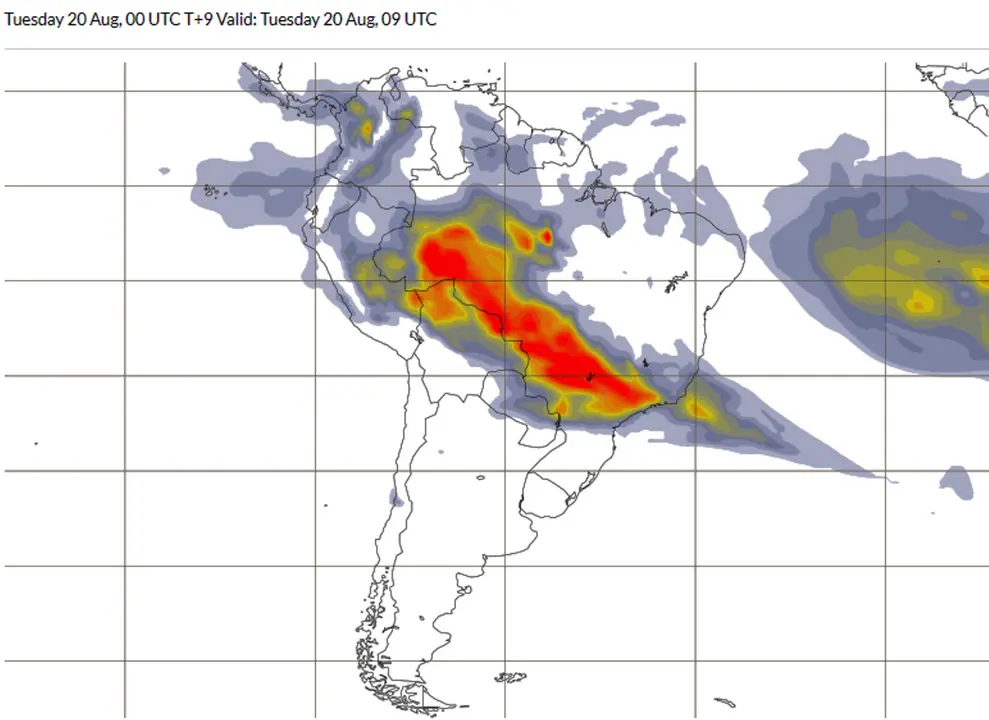 90821123. San Pablo, 21 Ago 2019 (Notimex-Atmosphere Monitoring Service).- El amazonas arde con incendios forestales y el gobierno brasileño de Jair Bolsonaro es blanco otra vez de críticas a su política ambiental. San Pablo, Brasil, 21 de agosto de 2019. En la imagen satelital, el color rojo señala las zonas afectadas por incendios en la amazonía.
NOTIMEX/FOTO/ATMOSPHERE MONITORING SERVICE/COR/DIS/