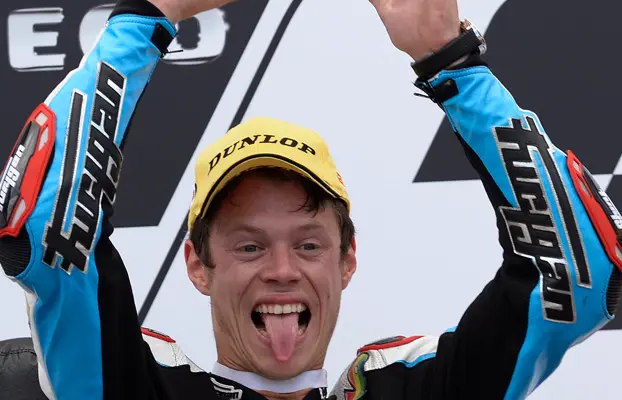 Spain's Esteve Rabat, second placed of the Aragon Moto 2 grand prix, celebrates on the podium at the Alcaniz circuit in Spain, Sunday, Sept.29, 2013.