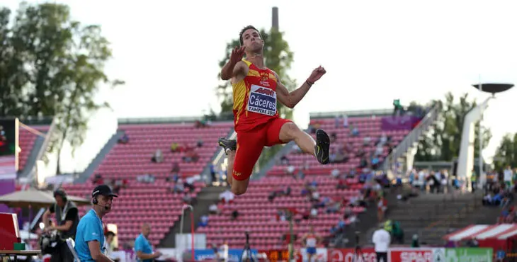 TAMPERE, FINLAND - JULY 12: Eusebio Caceres of Spain on his way to winning the Men's Long Jump during day two of The European Athletics U23 Championships 2013 on July 12, 2013 in Tampere, Finland. (Photo by Ian MacNicol/Getty Images)