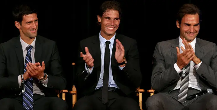 NEW YORK, NY - AUGUST 23: Novak Djokovic of Serbia; Rafael Nadal of Spain and Roger Federer of Switzerland on stage during the ATP Heritage Celebration at The Waldorf=Astoria on August 23, 2013 in New York City.   Matthew Stockman/Getty Images/AFP