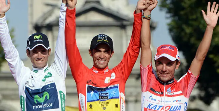 Alberto Contador, Alejandro Valverde and Joachim Rodriguez after stage 21 of the 2012 Vuelta España