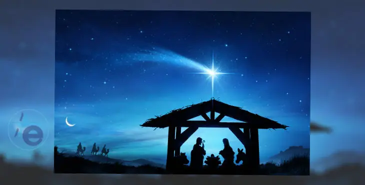 Nativity characters in the holy night - The village on the left is the village of Lindos in Island Rhodes - the figures are silhouettes of shepherds statue, the cave and dunes are mix media not real
