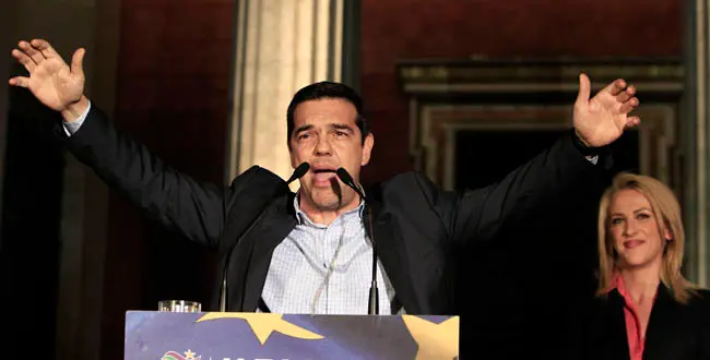 Main opposition leader Alexis Tsipras speaks to his supporters in Athens early Monday, May 26, 2014. The left-wing opposition Syriza party has succeeded in capturing first place in GreeceÀs election for the European Parliament