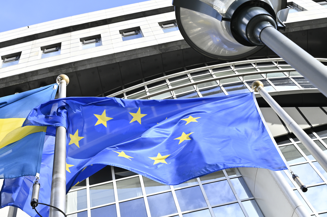 EU flags outside the EP in Brussels