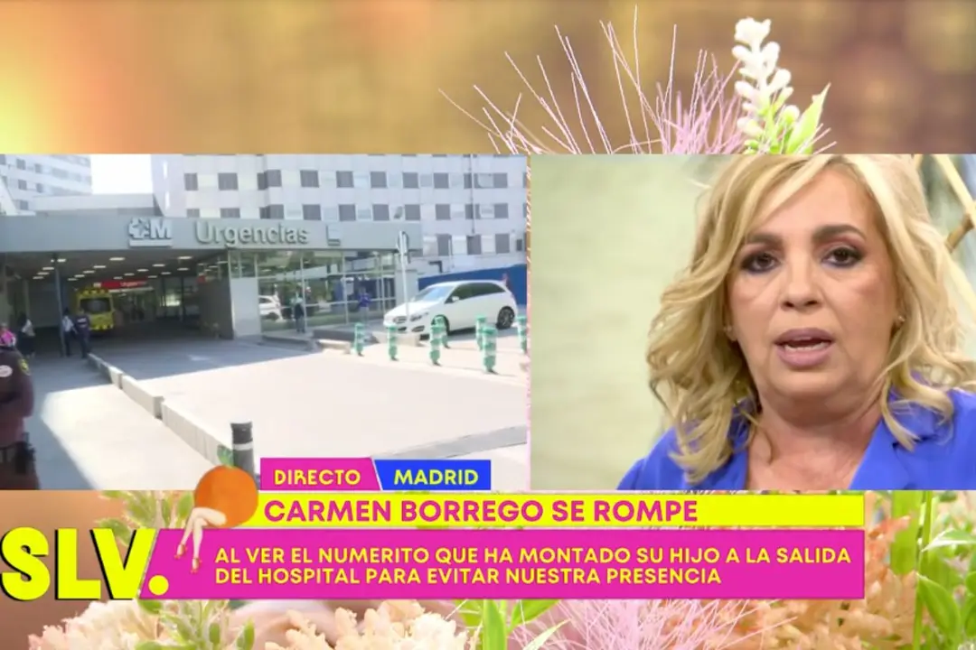 Carmen Borrego ayer en 'Sálvame' mientras la prensa esperaba la salida de su hijo y su nuera del Hospital de La Paz - Mediaset