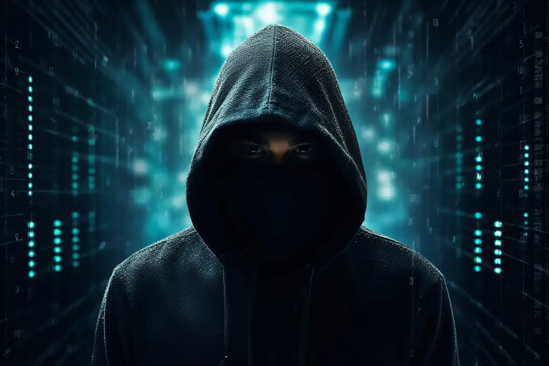 A hacker, which has an it theme background