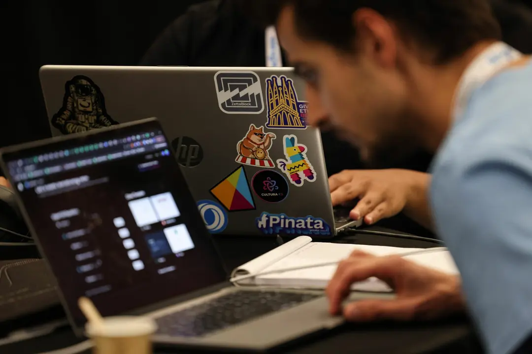 Attendees take part in a hackathon on the opening day of the European Blockchain Convention at the Fira de Barcelona in Barcelona, Spain, on Wednesday, Oct. 25, 2023. Europe's largest blockchain event runs from 25-26 Oct. Photographer: Angel Garcia/Bloomberg