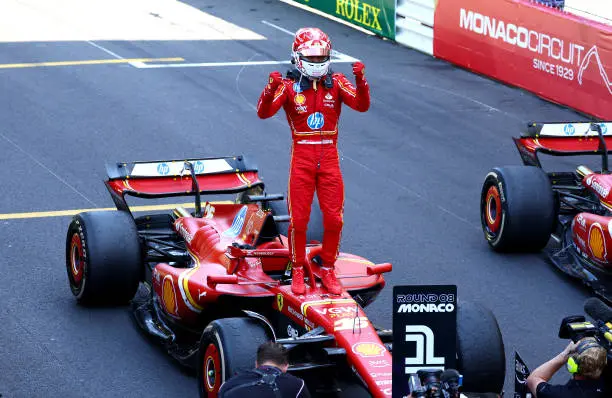MONTE-CARLO, MONACO - MAY 26: Race winner Charles Leclerc of Monaco and Ferrari celebrates in parc ferme during the F1 Grand Prix of Monaco at Circuit de Monaco on May 26, 2024 in Monte-Carlo, Monaco. (Photo by Clive Rose/Getty Images)