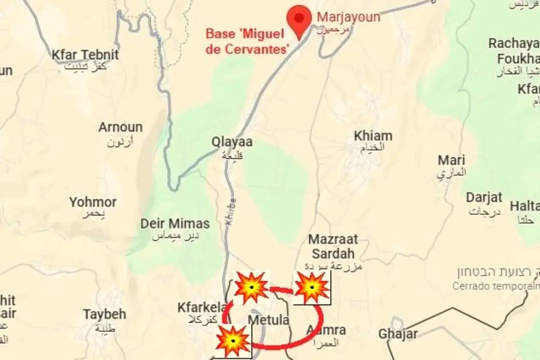 Los ataques masivos de Hezbolá contra posiciones israelíes en Metula se están produciendo a 10 kilómetros de la base donde se encuentran los militares españoles desplegados en Líbano. (Imagen: Google Maps / ED).