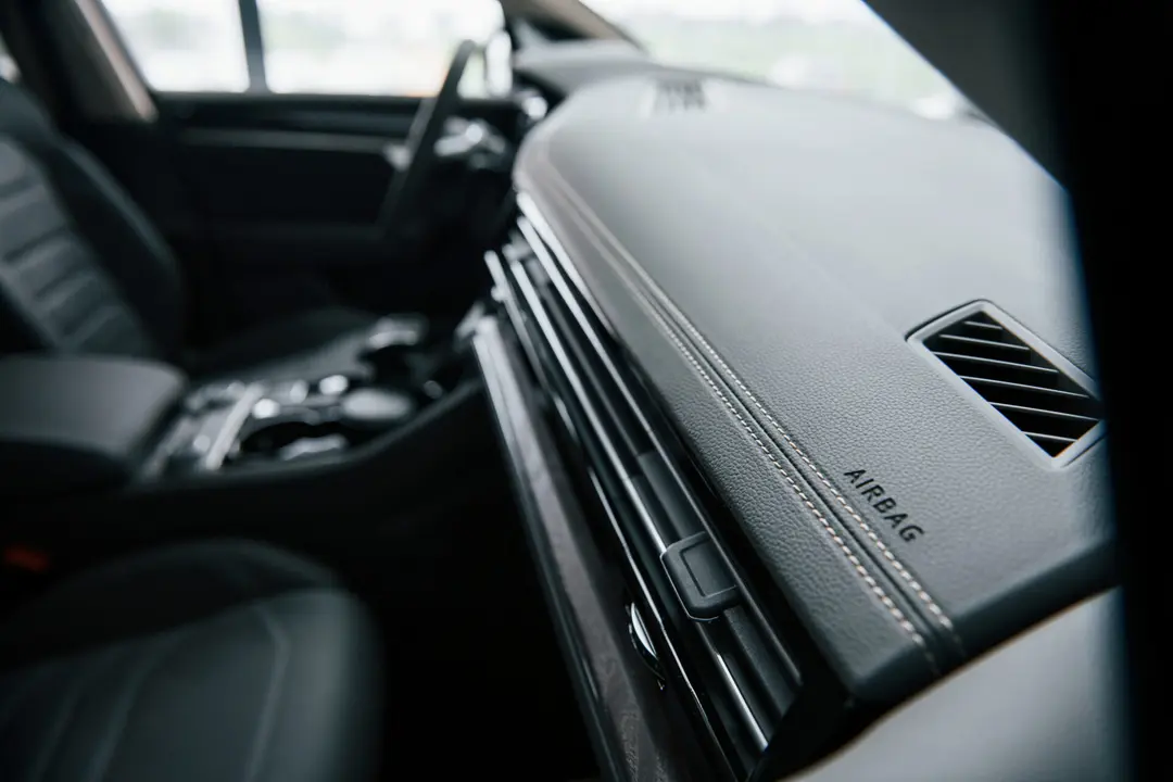 Place for airbag. Close up view of interior of brand new modern luxury automobile.