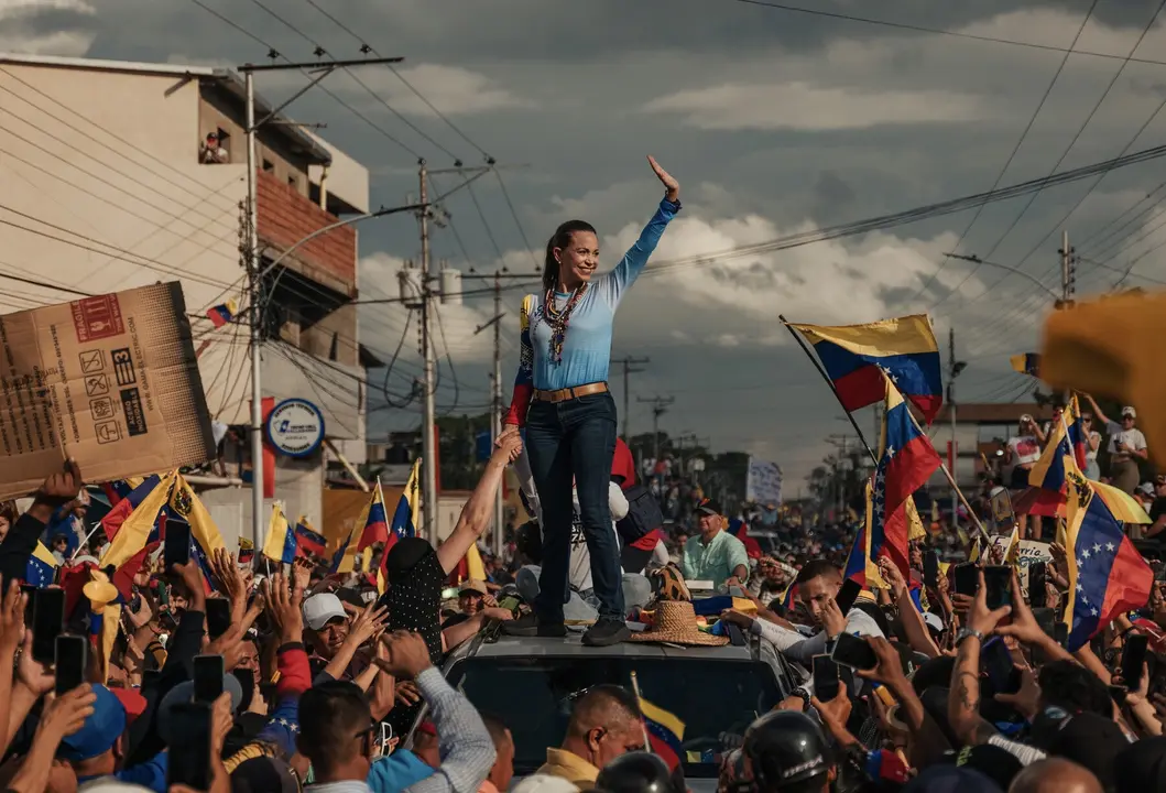 María Corina Machado, líder de la coalición opositora, durante manifestaciones.