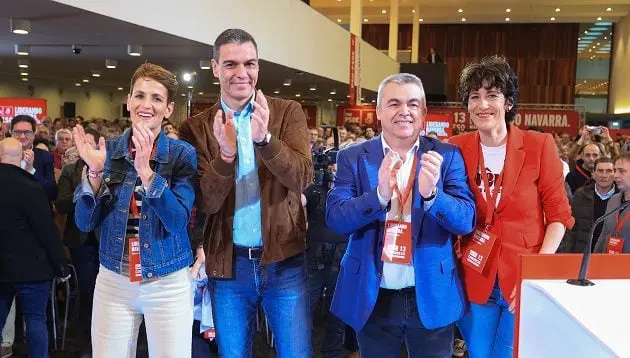 María Chivite, Pedro Sánchez, Santos Cerdán y Elma Saiz en Pamplona. Imagen de la página web del PSOE