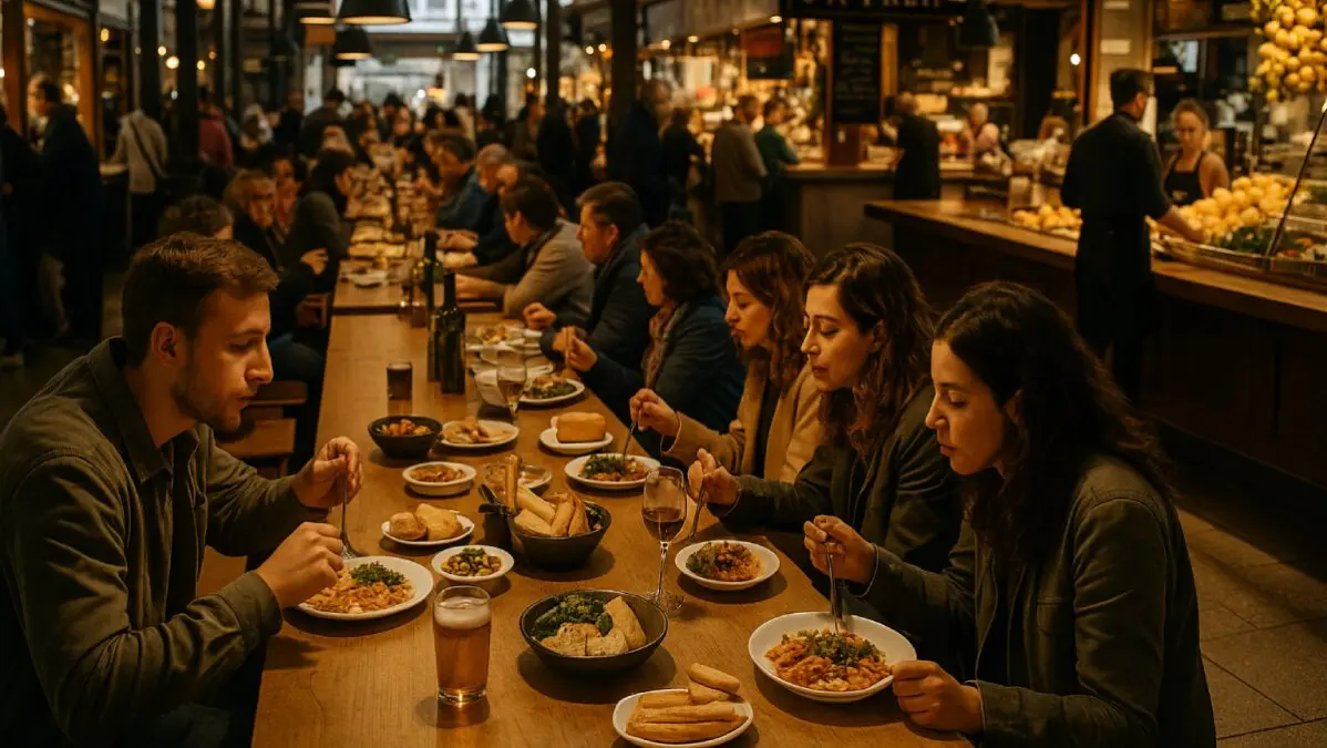 Gente comiendo en un mercado gastronómico