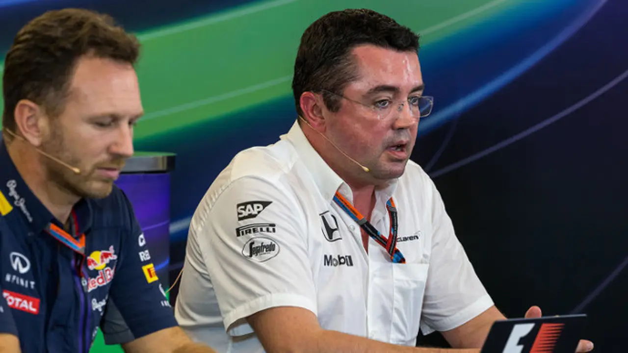 (L to R): Christian Horner (GBR) Red Bull Racing Team Principal and Eric Boullier (FRA) McLaren Racing Director in the FIA Press Conference.
23.10.2015. Formula 1 World Championship, Rd 16, United States Grand Prix, Austin, Texas, USA, Practice Day.
 - www.xpbimages.com, EMail: requests@xpbimages.com - copy of publication required for printed pictures. Every used picture is fee-liable. © Copyright: Holland / XPB Images