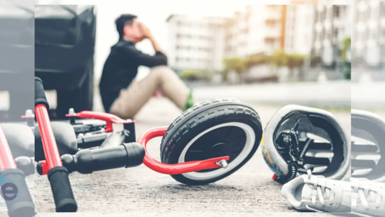 Stressed man suffering after Accident car crash with children's bicycle