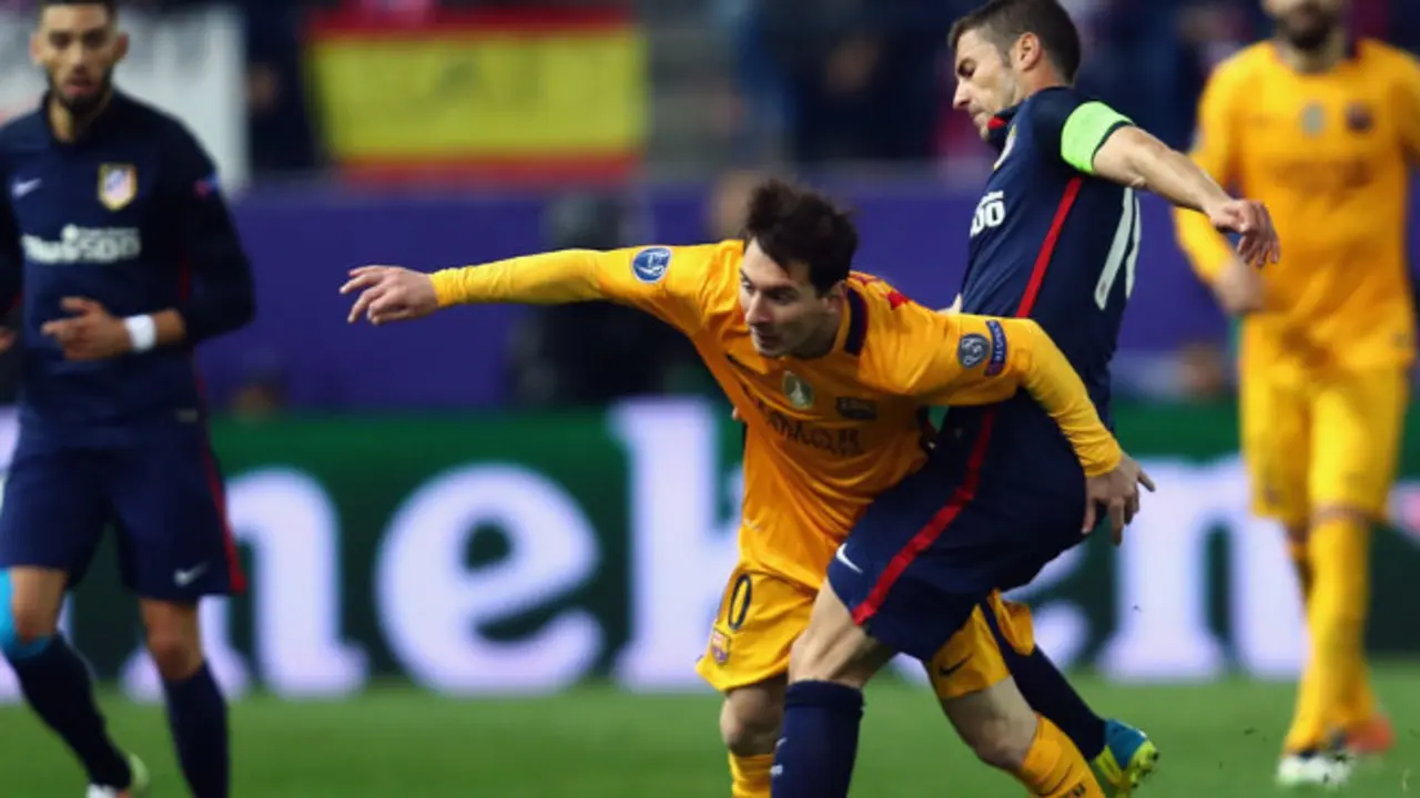 MADRID, SPAIN - APRIL 13: Lionel Messi of FC Barcelona is challenged by Gabi of Atletico during the UEFA Champions League Quarter Final Second Leg match between Club Atletico de Madrid and FC Barcelona at Vincente Calderon on April 13, 2016 in Madrid, Spain.  (Photo by Alex Grimm/Bongarts/Getty Images)