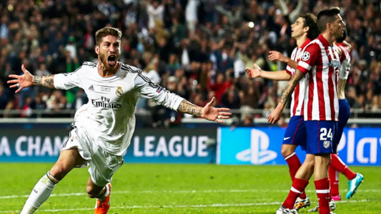SPO05 LISBOA (PORTUGAL) 24/05/2016.-Foto de archivo tomada el 24 de mayo de 2014 del defensa del Real Madrid Sergio Ramos (izq) mientras celebra tras marcar el gol del empate 1-1 al Atltico de Madrid durante la final de la Liga de Campeones que ambos clubes disputaron en el estaio de la Luz en Lisboa (Portugal). El Real Madrid se enfrentar de nuevo al Atltico de Madrid en otra final de la Liga de Campeones que se disputar el prximo 28 de mayo de 2016 en el estadio Guiseppe Meazza, tambin conocido como estadio de San Siro, en Miln (Italia). EFE/Jose Sena Goulao