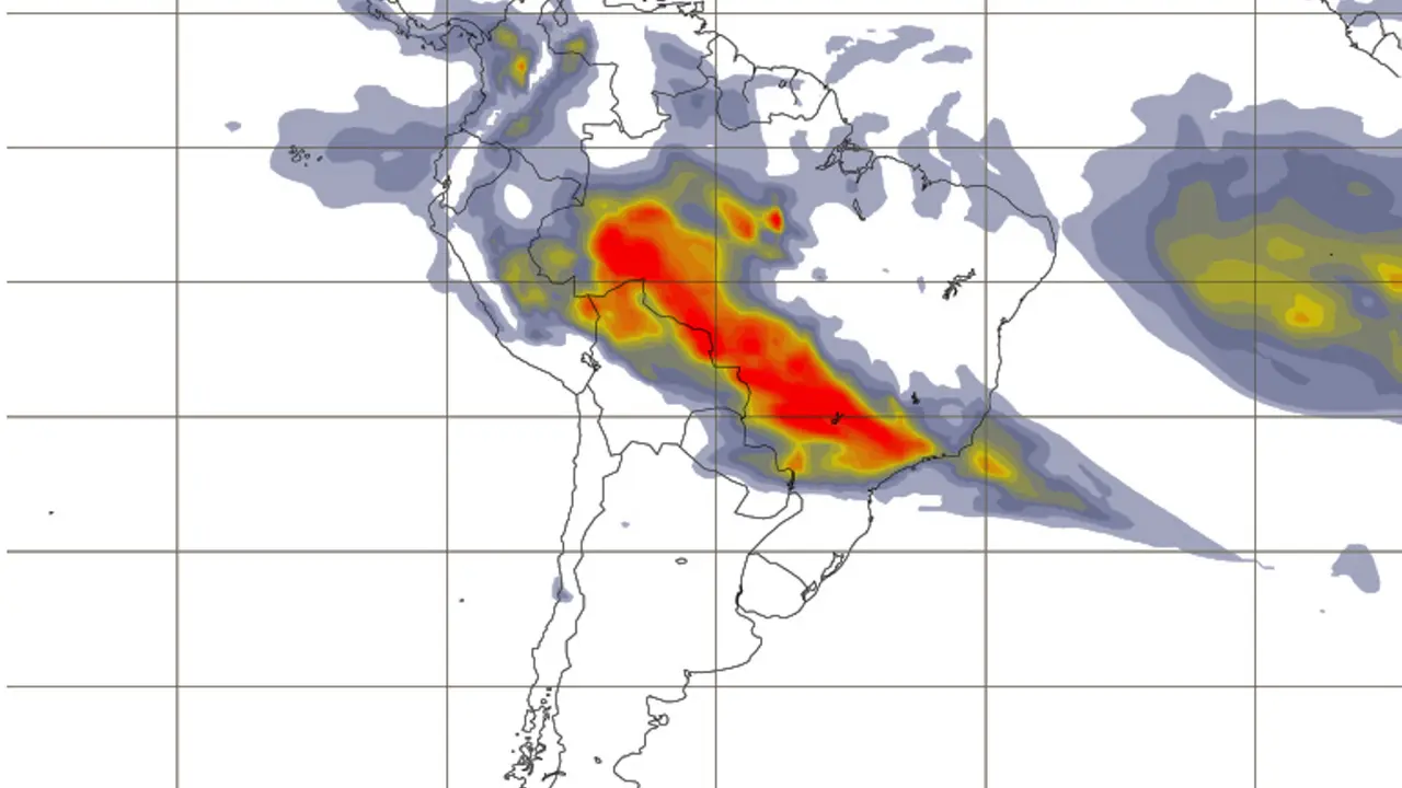 90821123. San Pablo, 21 Ago 2019 (Notimex-Atmosphere Monitoring Service).- El amazonas arde con incendios forestales y el gobierno brasileño de Jair Bolsonaro es blanco otra vez de críticas a su política ambiental. San Pablo, Brasil, 21 de agosto de 2019. En la imagen satelital, el color rojo señala las zonas afectadas por incendios en la amazonía.
NOTIMEX/FOTO/ATMOSPHERE MONITORING SERVICE/COR/DIS/