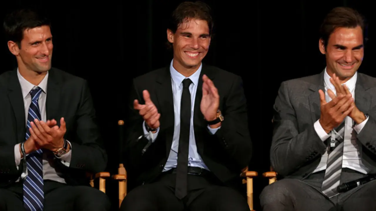 NEW YORK, NY - AUGUST 23: Novak Djokovic of Serbia; Rafael Nadal of Spain and Roger Federer of Switzerland on stage during the ATP Heritage Celebration at The Waldorf=Astoria on August 23, 2013 in New York City.   Matthew Stockman/Getty Images/AFP