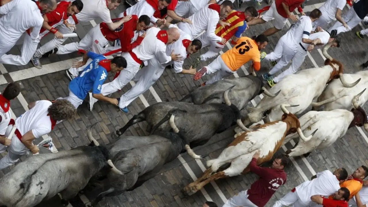 GR2023. PAMPLONA, 09/07/2019.- Los toros de la ganadería de José Escolar Gil, de Lanzahíta (Ávila), a su paso por la calle de La Estafeta de Pamplona durante el tercer encierro de los Sanfermines 2019. EFE/Villar López