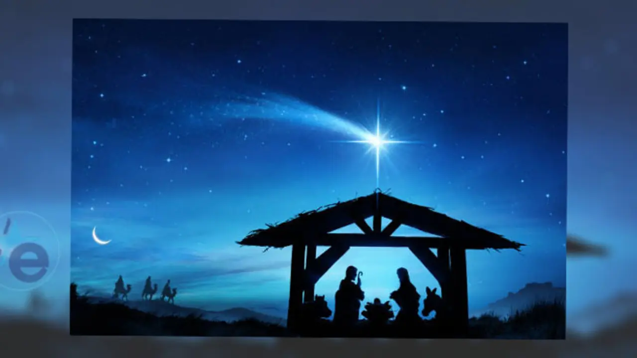 Nativity characters in the holy night - The village on the left is the village of Lindos in Island Rhodes - the figures are silhouettes of shepherds statue, the cave and dunes are mix media not real