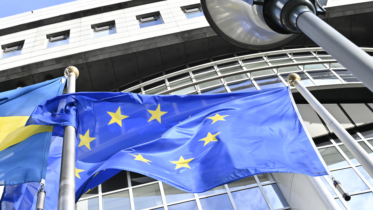 EU flags outside the EP in Brussels