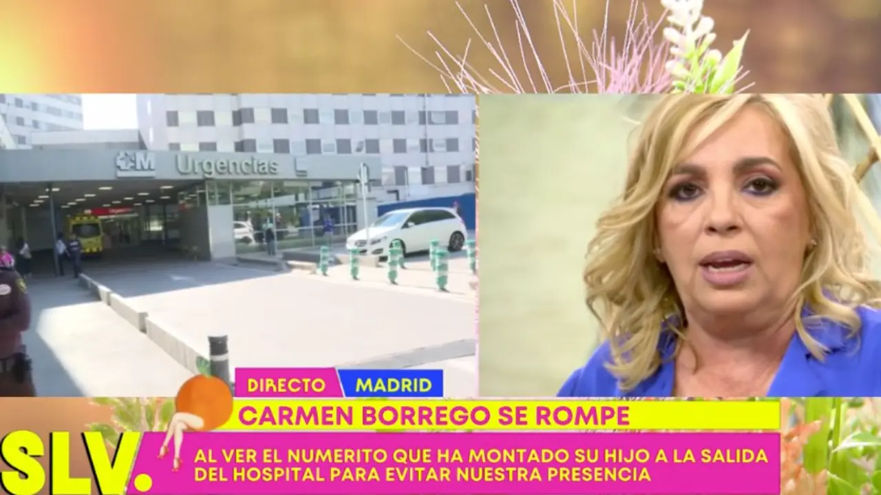 Carmen Borrego ayer en 'Sálvame' mientras la prensa esperaba la salida de su hijo y su nuera del Hospital de La Paz - Mediaset 