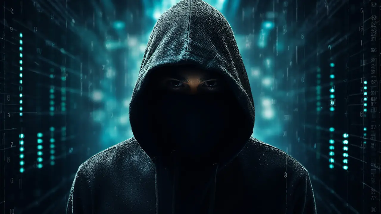 A hacker, which has an it theme background
