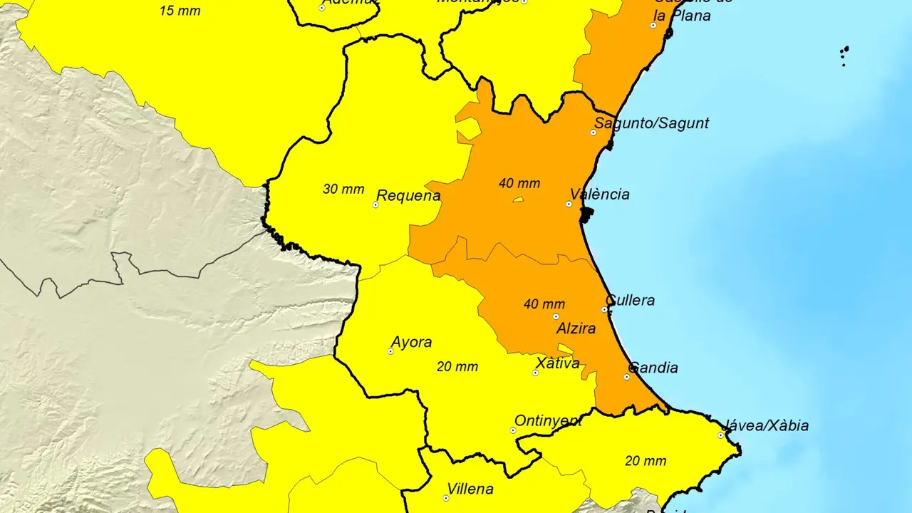 Mapa de la alerta en la Comunidad Valenciana. Foto: AEMET