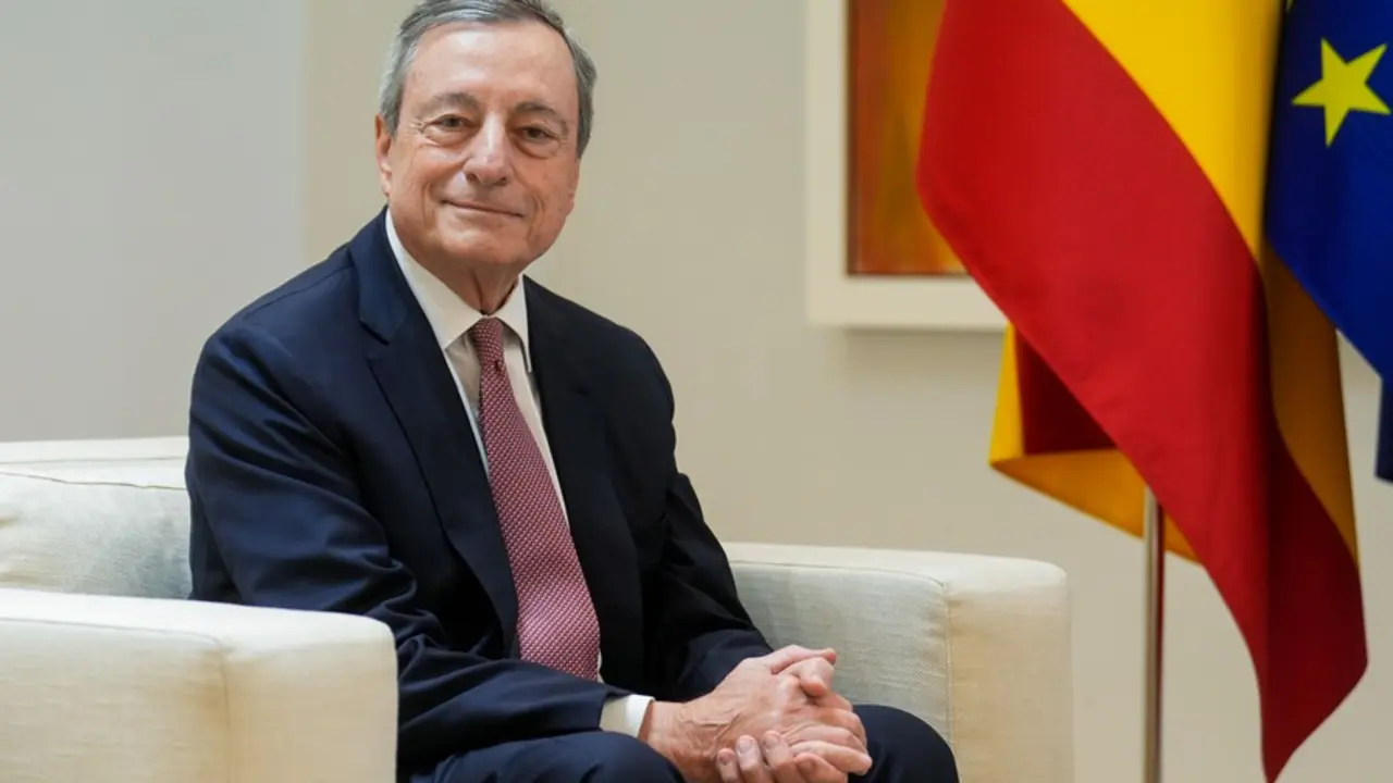 MADRID, 13/06/2024.-El exprimer ministro de la República Italiana Mario Draghi, durante su encuentro con el presidente del Gobierno, Pedro Sánchez, este jueves en el Palacio de la Moncloa.-EFE/ Borja Sánchez-trillo