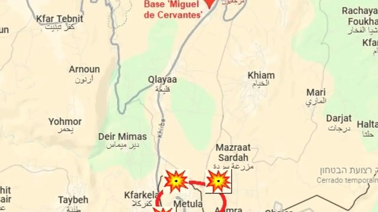 Los ataques masivos de Hezbolá contra posiciones israelíes en Metula se están produciendo a 10 kilómetros de la base donde se encuentran los militares españoles desplegados en Líbano. (Imagen: Google Maps / ED).