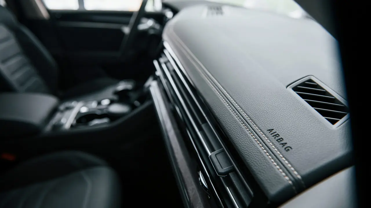 Place for airbag. Close up view of interior of brand new modern luxury automobile.