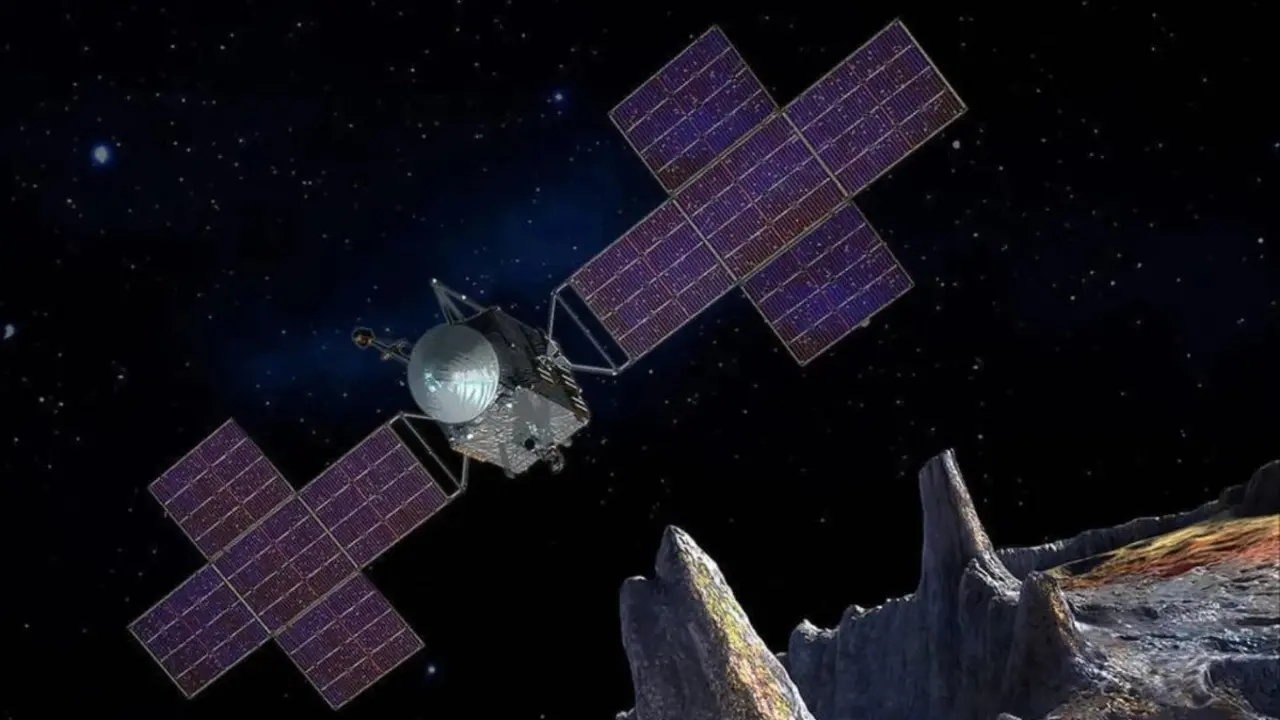 Este concepto artístico representa la nave espacial de la misión Psyche de la NASA cerca del objetivo de la misión, el asteroide metálico Psyche. (Foto: NASA/JPL-Caltech/Univ. Estatal de Arizona/Space Systems Loral/Peter Rubin).