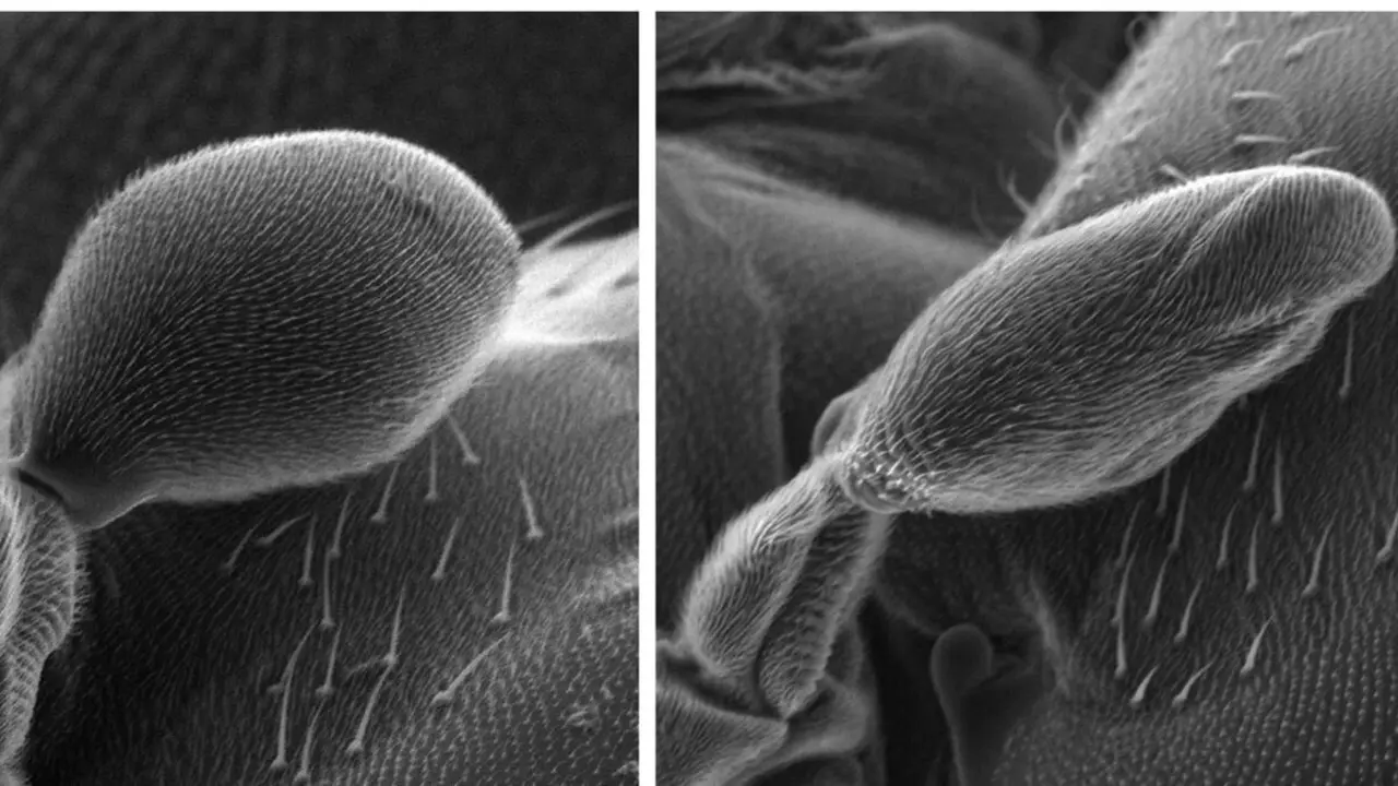 Un halterio desarrollado en condiciones normales (izquierda) y uno deformado en un modelo de mosca de la fruta modificado genéticamente (derecha). Imagen del CISC.