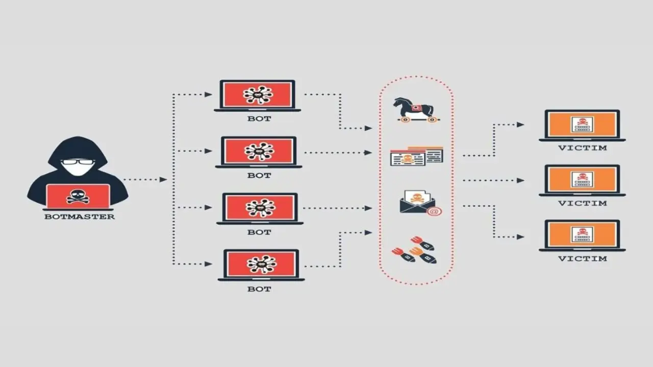 Gráfico que representa cómo se realizan los ciberataques DDoS. (Imagen: EMAD).