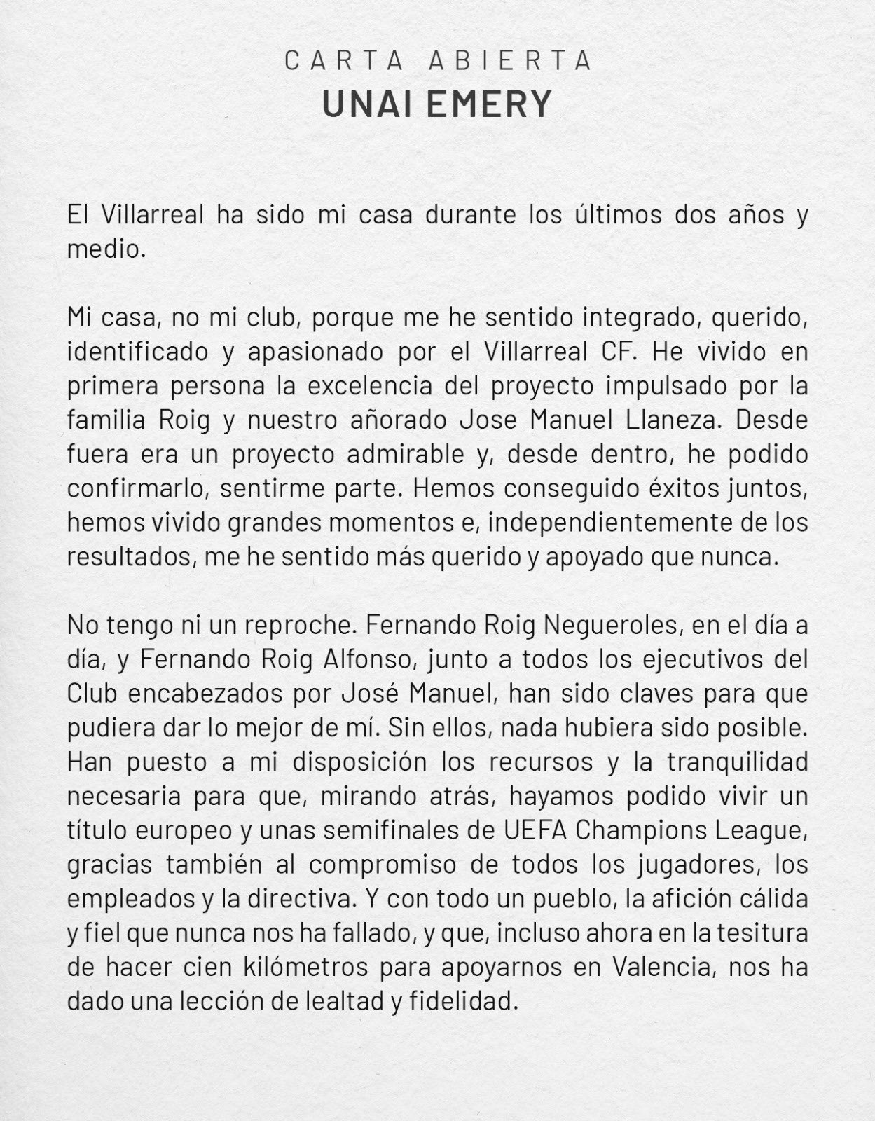 Carta abierta de Unai Emery en agradecimiento al club 