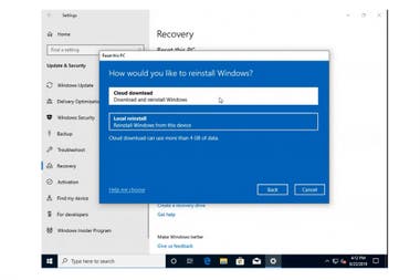 AsÃÂ­ se ve la nueva opciÃÂ³n que sumarÃÂ¡ Windows 10 para reinstalar el sistema operativo sin necesidad de tener una copia local